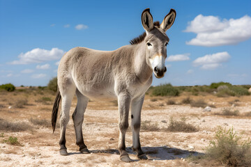 Fototapeta premium Majestic Homestead Donkey Basking in the Sunlight amidst Tranquil Green Meadows