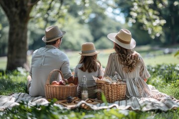 Obraz premium A family of three enjoys a serene picnic under a large tree in a lush green park, exuding happiness and togetherness, with lovely baskets and natural surroundings enhancing the charm.