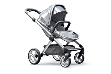 A silver stroller on a white background with die-cast wheels, sleek lines, and minimalist design captures modern parenthood, ready for the future
