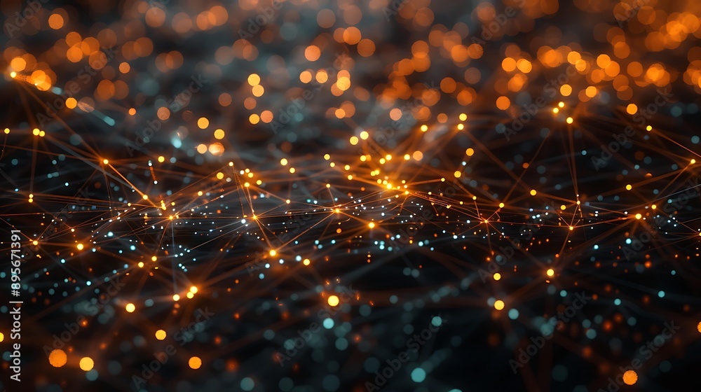 Poster abstract representation of a neural network with glowing nodes and connecting lines on a dark backgr