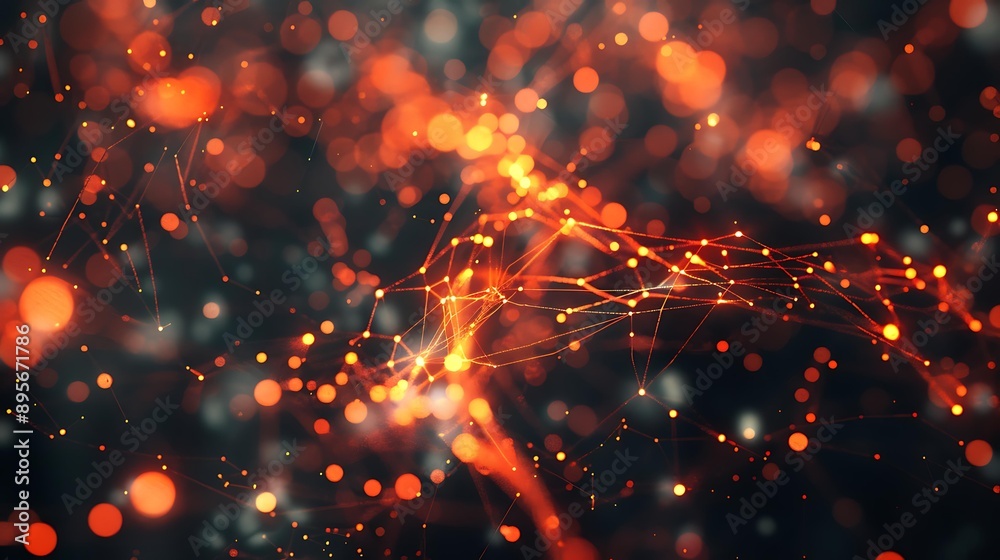 Poster abstract representation of a neural network with glowing nodes and connecting lines on a dark backgr