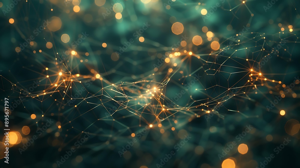 Poster abstract representation of a neural network with glowing nodes and connecting lines on a dark backgr