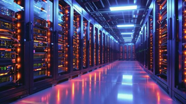 secure server room filled with racks of computer servers and network equipment