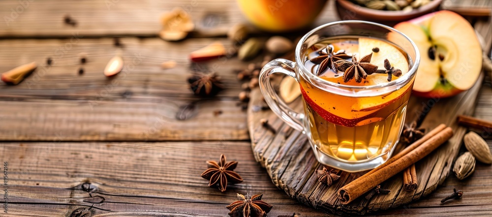 Wall mural Photo of a cup with hot apple cider on wooden table