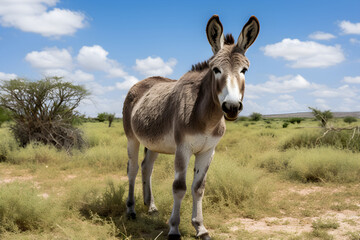 Majestic Homestead Donkey Basking in the Sunlight amidst Tranquil Green Meadows