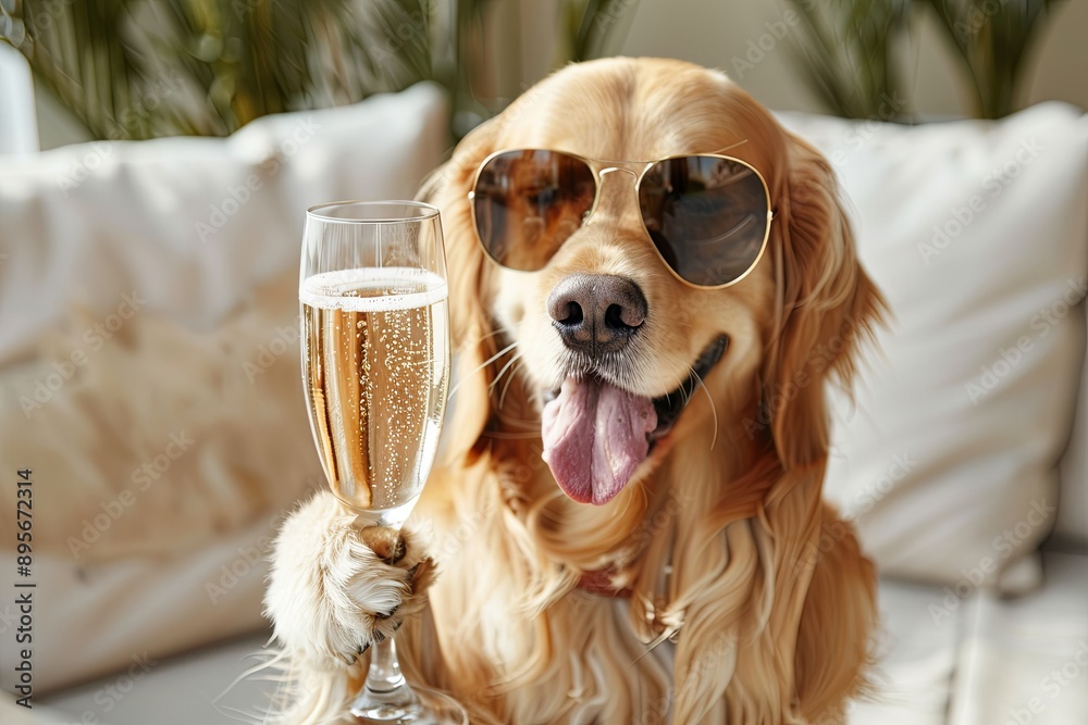 Sticker Portrait of a Golden Retriever wearing sunglasses and holding a glass of champagne