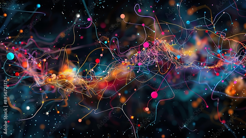 Poster artistic interpretation of a brain's neural connections using colorful lines and dots, showcasing a 