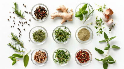 Top angle shot of a variety of herbs and spices on a blank background, highlighting their health benefits in cooking