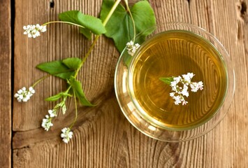 Herbal tea made from buckwheat, lat. Fagopyrum esculentum or common buckwheat. The whole plant is full of rutin good against varicose veins.