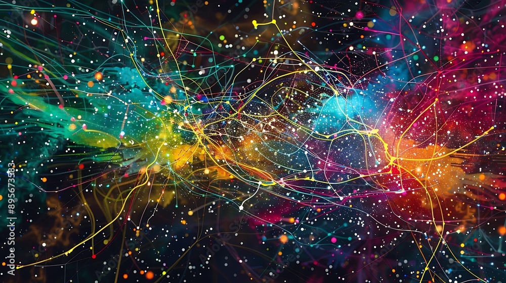 Poster artistic interpretation of a brain's neural connections using colorful lines and dots, showcasing a 