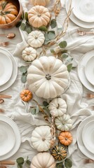 A table with a white tablecloth and a pumpkin centerpiece