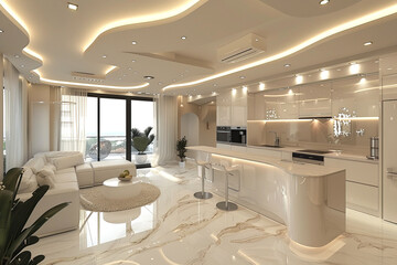 Kitchen European modern style interior design in white with neon lighting lamps.