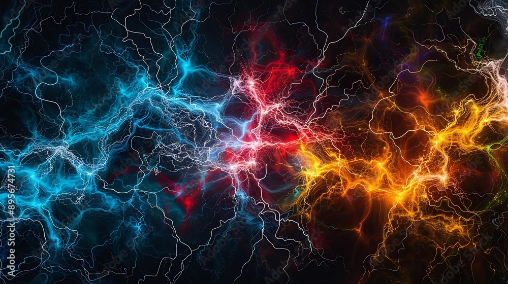 Poster dynamic visualization of interconnected neurons with artistic flair, featuring various colors and ab