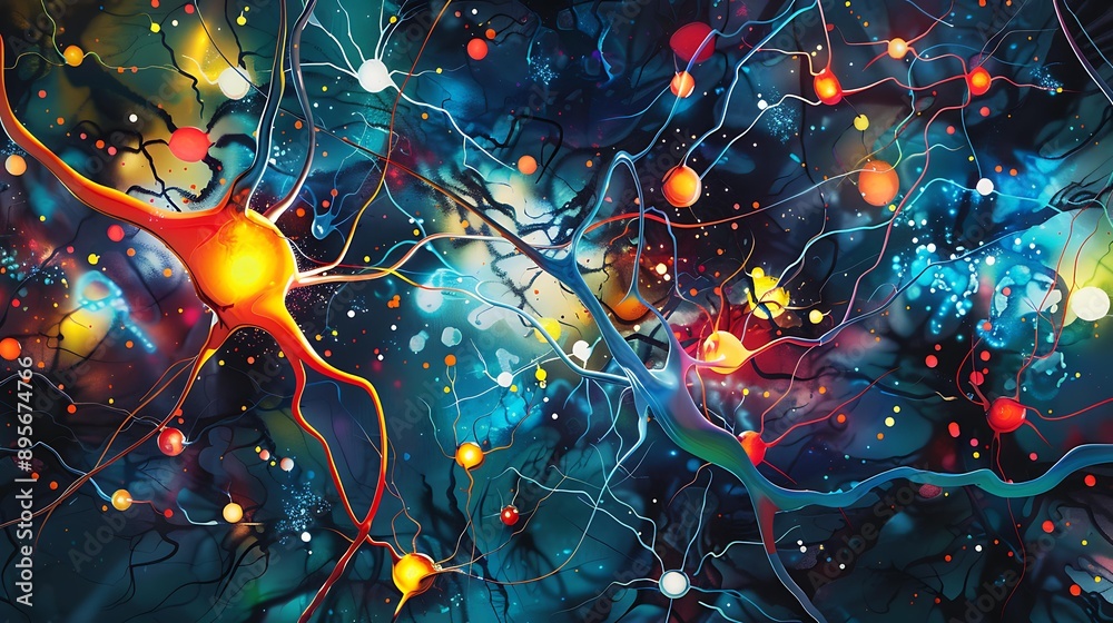 Poster dynamic visualization of interconnected neurons with artistic flair, featuring various colors and ab
