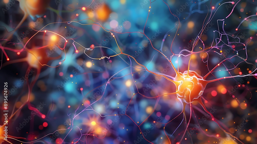 Poster dynamic visualization of interconnected neurons with artistic flair, featuring various colors and ab