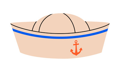 Hand drawn cute cartoon illustration sailor hat with anchor. Flat vector marine uniform cap doodle style. Head wear for ship or boat seaman icon or print. Vacation or holiday summer costume. Isolated.