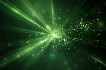 Naklejka premium Green laser beams on black background like shooting future rays. Bright light shining through the darkness.