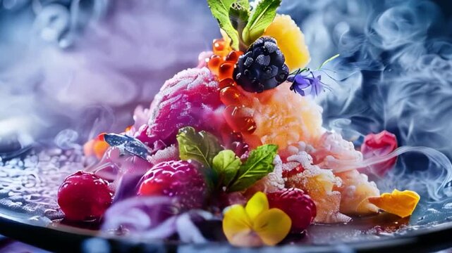 a video postcard with a dish of their molecular cuisine, fruits decorated with violet flowers, on a plate shrouded in white smoke, on a table with free space for text insertion