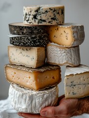 Cheese collection, various types of cheese in man hands. Close-up view