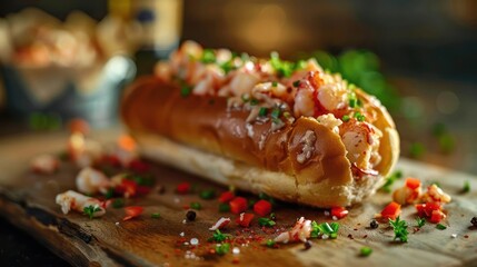 a hot dog with toppings on a wooden board