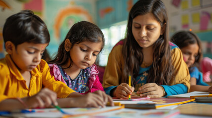 Fototapeta premium Young learners immersed in their studies while a teacher closely oversees their work in the classroom