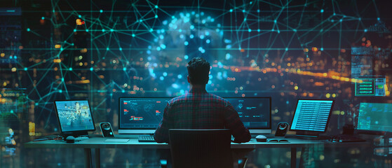 Digital technology, internet network connection, big data, digital marketing IOT internet of things concept. Man using modern computer surfing internet futuristic metaverse NFT