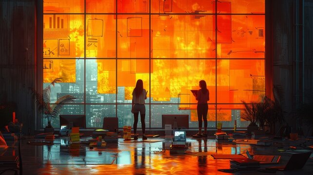 An artistic depiction of a creative office space with designers working on digital tablets