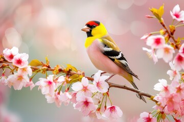 A charming image of a European goldfinch perched on a blooming cherry tree branch.