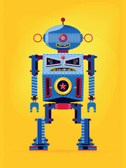 Fototapeta premium Retro robot vintage toy. Robot vector illustration in flat style design. Vintage tin robot toy on a yellow background.