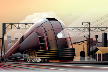 A retro steam locomotive in a smoke clouds moves quickly against the backdrop of industrial buildings, railway workshops and depots. Handmade drawing vector illustration. Art deco style.