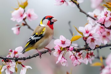 A charming image of a European goldfinch perched on a blooming cherry tree branch.