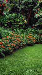 No one in the park's backyard design, featuring a flowerbed of plants near a lush green lawn with flowers and bushes, creating a picturesque scene with copy space image available