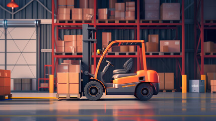 Naklejka premium An orange and black forklift lifts a wooden pallet with cardboard boxes in a large warehouse full of parcels and containers. 