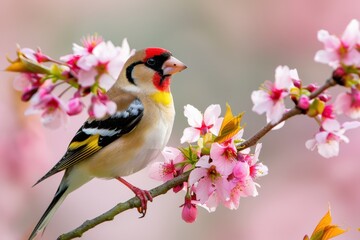 A charming image of a European goldfinch perched on a blooming cherry tree branch.