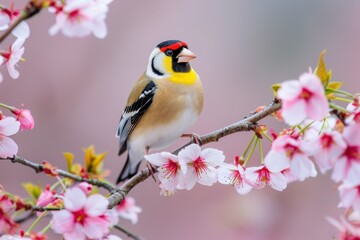 A charming image of a European goldfinch perched on a blooming cherry tree branch.