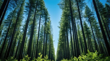 Fototapeta premium Trees in forest from below green tops of trees