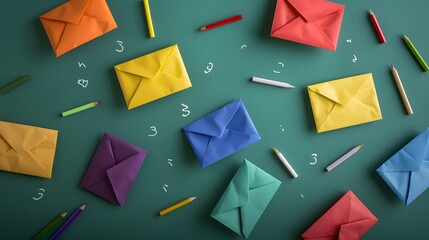 Colorful Envelopes on Green Chalkboard with Chalk Numbers