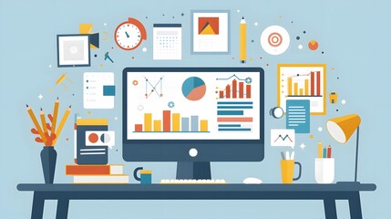 Modern Workplace with Computer and Data Analysis