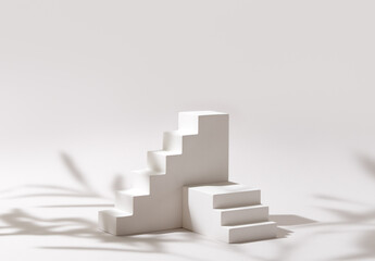 Beauty product presentation mockup scene made with minimalist staircase podium stage in leaves...