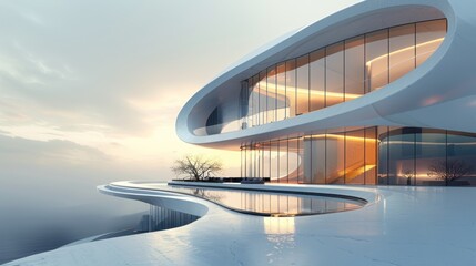 A 3D rendered image of a modern architectural marvel with an innovative design. The building features a combination of glass, steel, and concrete, creating a visually stunning structure. The