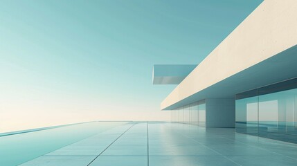 Obraz premium A 3D illustration design of a modern building object with sleek, contemporary architecture and clean lines. The building stands tall against a clear sky, showcasing its innovative structure and