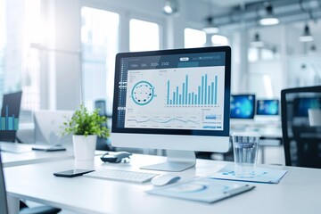 Naklejka premium A business office with a high-tech analytics dashboard, showing brand awareness strategies