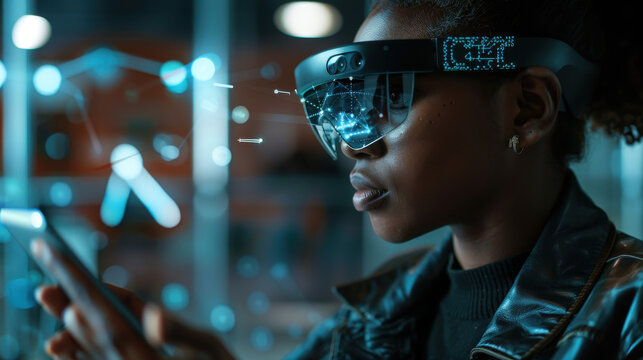 A BIPOC computer engineer working with a tablet to develop and visualize neural network models using augmented reality, enhancing AI-driven data processing capabilities