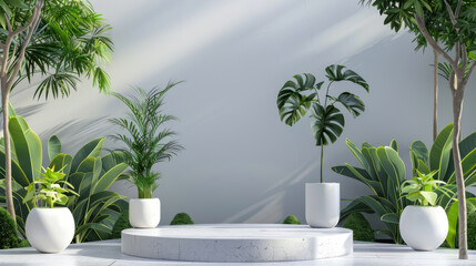 3D product display podium with a tropical garden background featuring green leaves and white standing trees
