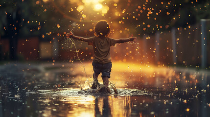 Joyful Child Playing in Rain Puddle at Sunset