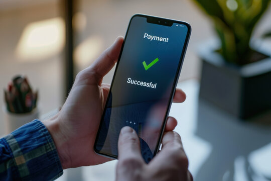 Man is holding a smartphone with a successful payment notification on the screen