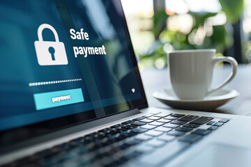 Secure online payment concept with a laptop showing a safe payment screen and a padlock icon