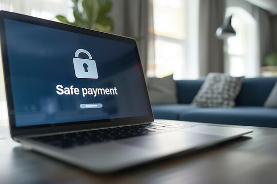 Open laptop displaying safe payment notification on its screen, ensuring secure online transactions in a comfortable home environment - Powered by Adobe