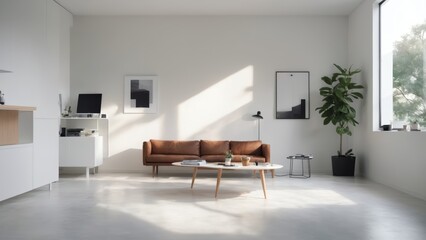 Fototapeta premium Green leaves on wall in foggy room, wooden floor and empty home interior