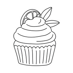 Hand drawn doodle cupcake with lemon slice isolated on white background.